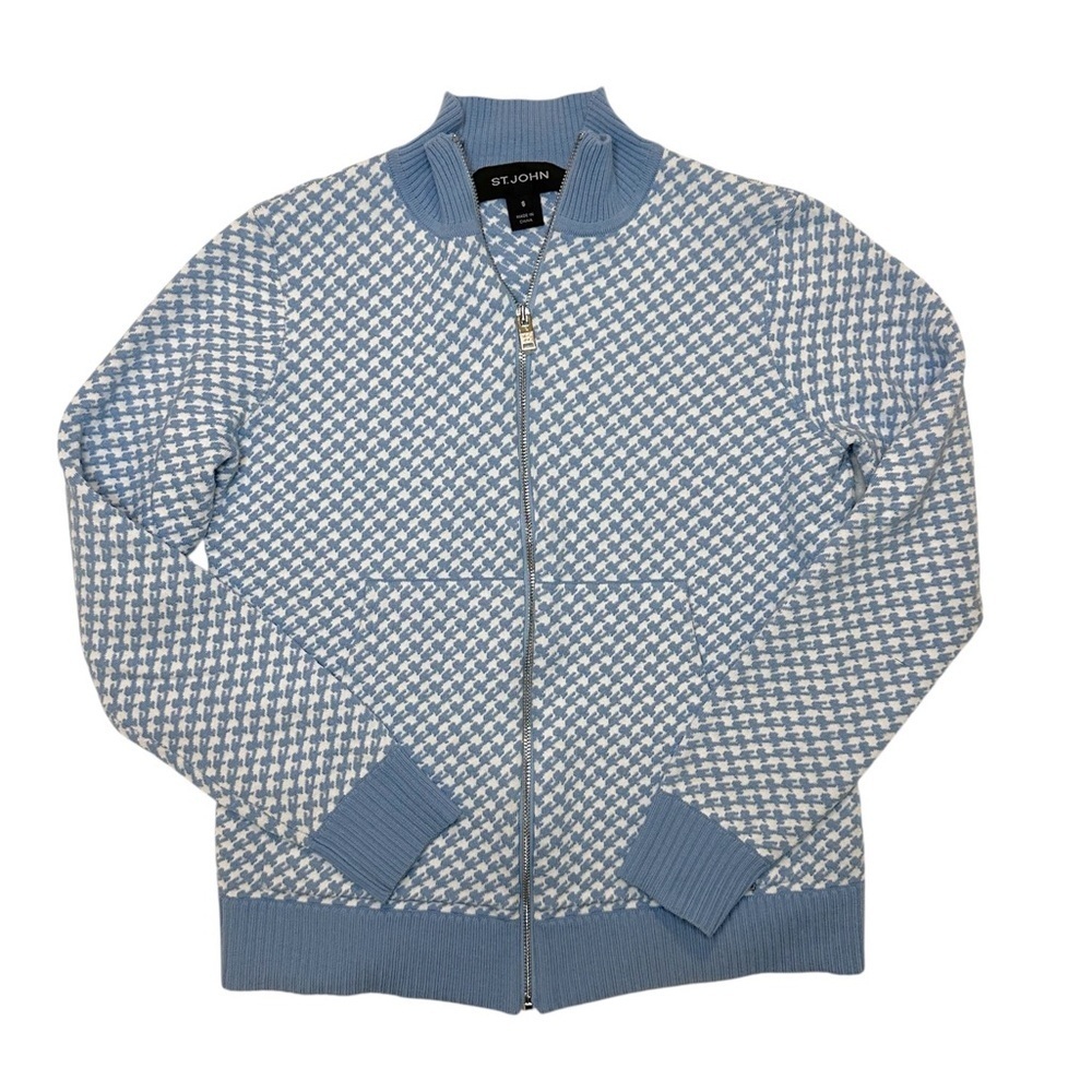 ST.JOHN Houndstooth Zip-up Wool Blended Cardigan Knit - Light Blue SMALL